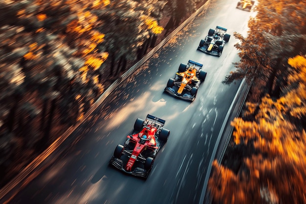 Foto los coches de carreras están conduciendo en la pista en la carrera de fórmula uno vista aérea superior