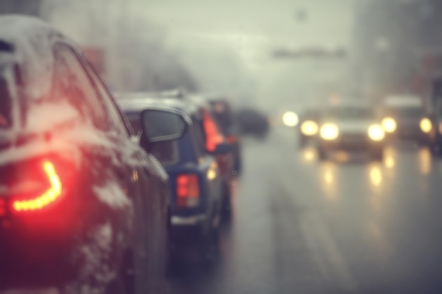 coches en la carretera de invierno atasco de tráfico ciudad / clima invernal en la autopista de la ciudad, la vista desde el coche en la carretera de niebla y nieve