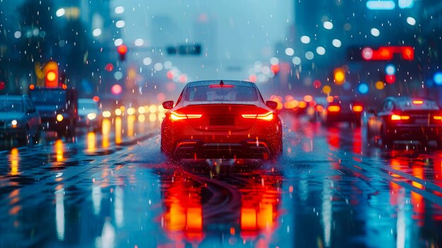 Foto coches en la carretera bajo la lluvia con un fondo borroso por la noche en la ciudad iluminada