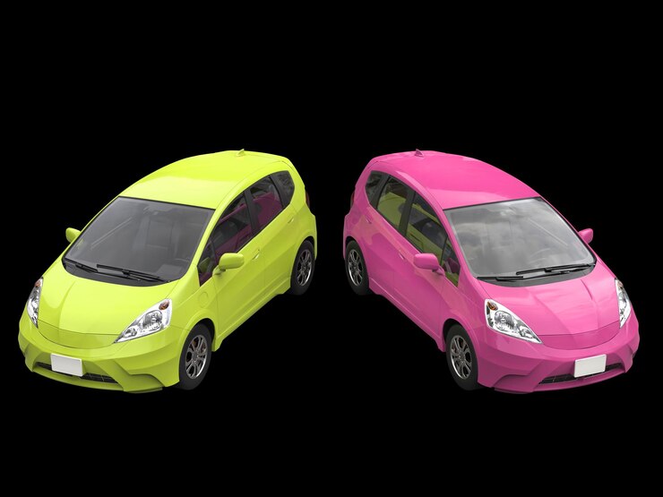 Foto los coches compactos modernos rosados y verdes de la vista superior