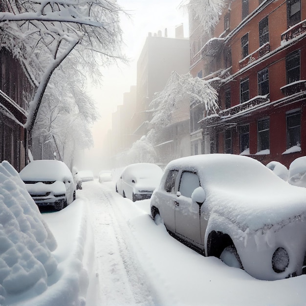 Coches cubiertos de nieve en la ciudad después de la tormenta de nieve Ai generativo