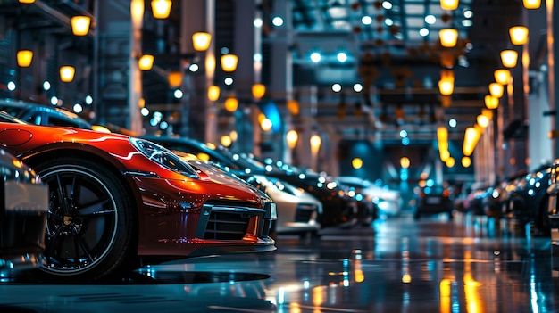 Coches deportivos elegantes alineados por la noche en una calle de la ciudad Elegancia urbana y estilo automovilístico capturados en una foto vibrante Ideal para temas de estilo de vida moderno IA