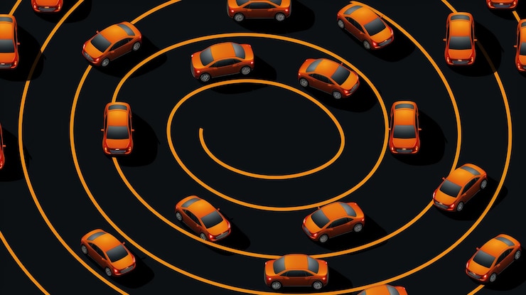 Foto coches de dibujos animados de colores en una carretera sinuosa con espacio para texto personalizado en un fondo neutral