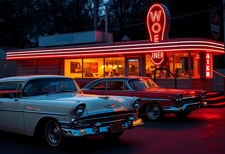 Coches estacionados en un restaurante americano anticuado