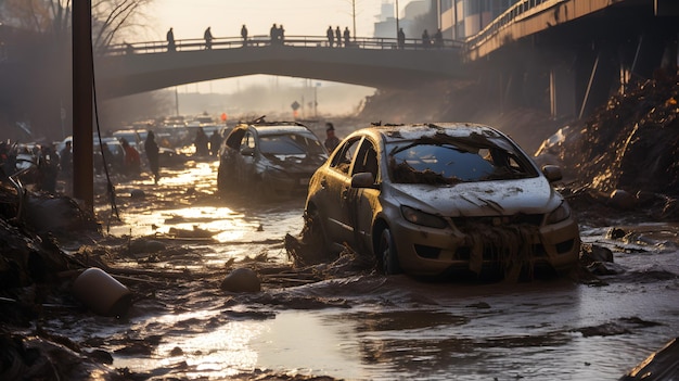 Los coches están atrapados en el barro y el agua en una calle de la ciudad. IA generativa