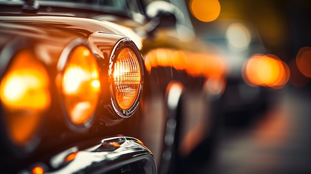 Coches en una fila de luz de cabeza cerca de fondo borroso