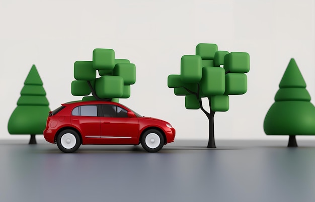 Coches de juguete en el fondo de árboles verdes en la carretera AI