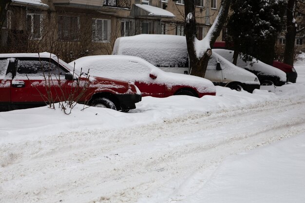 Coches en la nieve en la ciudad. Hay mucha nieve alrededor.