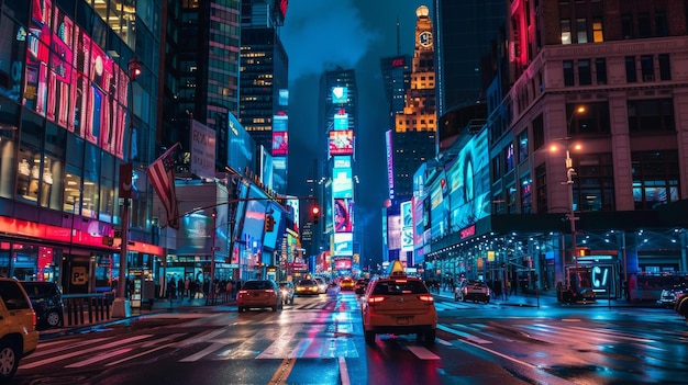 Coches por la noche calles de la ciudad con luces de neón por la noche