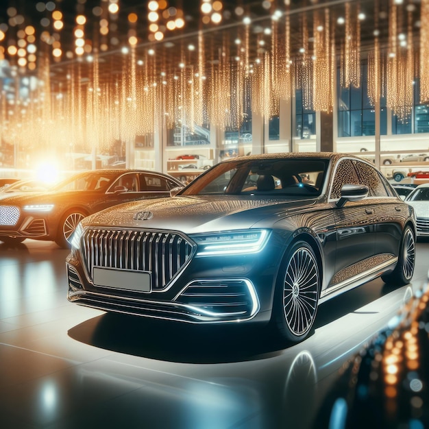 Los coches nuevos se exhiben en una sala de exposiciones de lujo con bokeh de luz en un evento de salón de automóviles