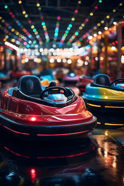 Coches de parachoques en la feria por la noche