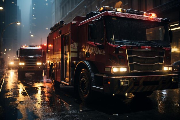Foto los coches del servicio de bomberos con luces intermitentes estacionados en una calle húmeda de la ciudad por la noche