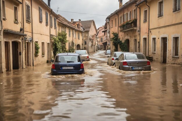 Coches sumergidos en el agua de la inundación