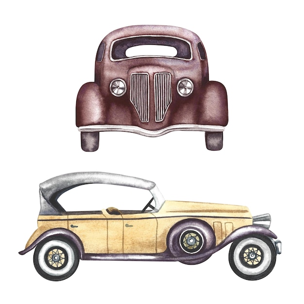 Coches vintage retro en ocre y rojo oscuro un conjunto de ilustraciones en acuarela son hechas a mano
