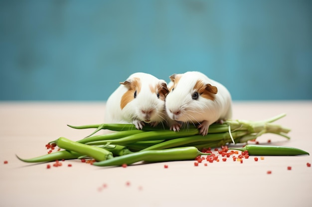 Foto cochinos de guinea comiendo frijoles verdes juntos