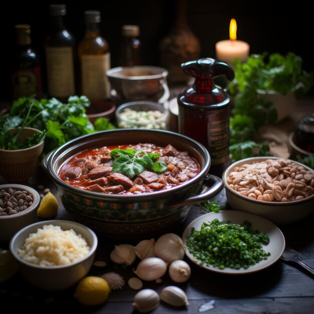 Foto cocido madrileno guisado tradicional de madrid com várias carnes, legumes e grão-de-bico