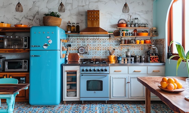 Una cocina acogedora con electrodomésticos retro y azulejos vibrantes que crean una atmósfera cálida Generar IA