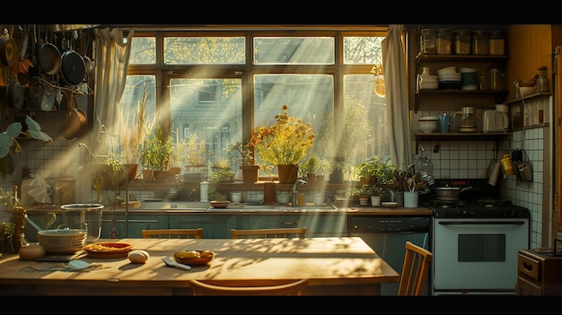 Cocina acogedora iluminada por el sol con plantas y decoración vintage un concepto de energía limpia