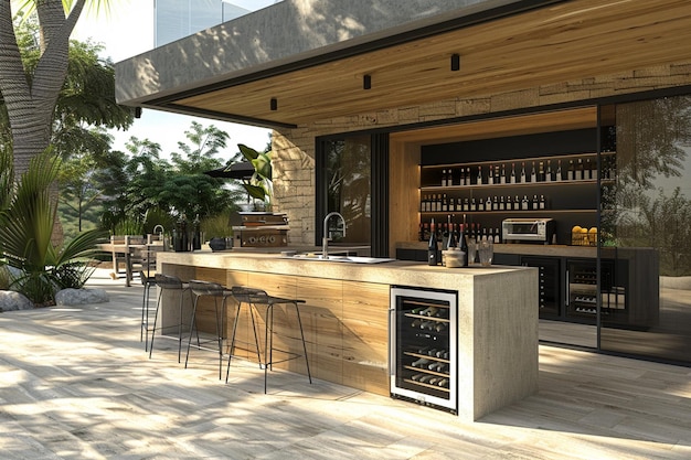 Cocina al aire libre contemporánea con un refrigerador de vino oc