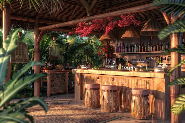 Cocina al aire libre con temática tropical con un bar tiki oct