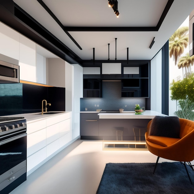 Una cocina con una alfombra negra y una silla naranja frente a una pared con una planta encima.