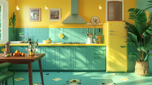 una cocina amarilla con un refrigerador amarillo y un gabinete amarillo con una puerta azul