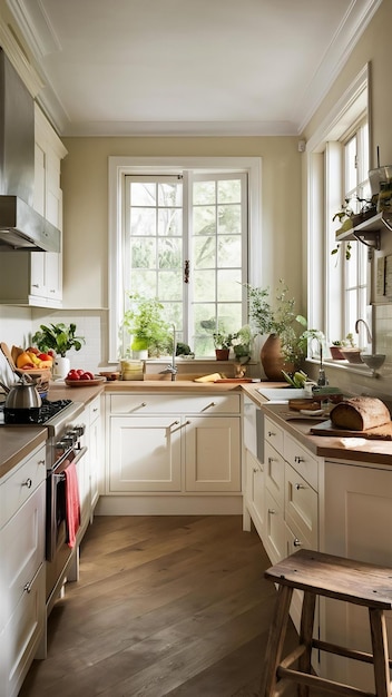 Cocina con armarios blancos y encimera de madera