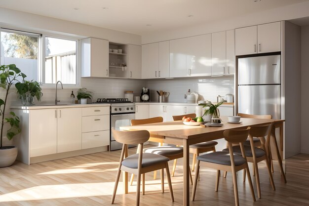 Una cocina con armarios blancos y una mesa de comedor