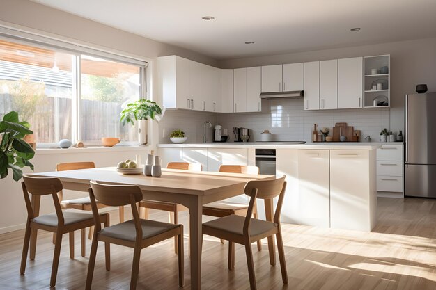 Una cocina con armarios blancos y una mesa de comedor