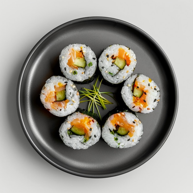Cocina asiática contemporánea Maki Rollos en el plato negro