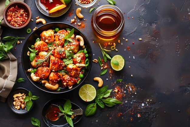cocina asiática revuelve pollo frito con anacardos y verduras en salsa de soja en la mesa oscura con