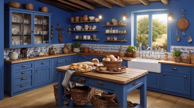 Foto una cocina azul con una cocina azul con un mostrador azul y una canasta de pan en el mostrador