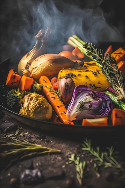 Cocina basada en plantas con nuestra fotografía de comida vegana de vegetales asados. Exhibición de imágenes de alta calidad