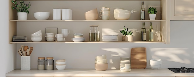 Cocina beige con estanterías abiertas y utensilios de cocina organizados