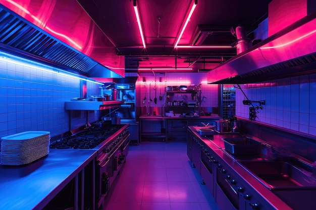 Una cocina bien iluminada con una generosa cantidad de superficie de encimera mejorada por una iluminación púrpura vibrante Una cocina de restaurante vacía iluminada por luces de neón AI generada