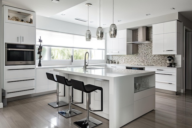 Cocina blanca con detalles en metal y vidrio elegante y moderna creada con aire generativo
