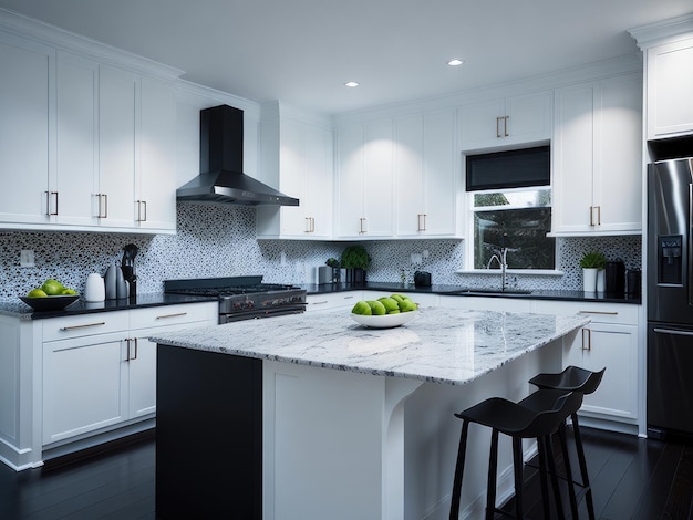 Cocina blanca con electrodomésticos negros