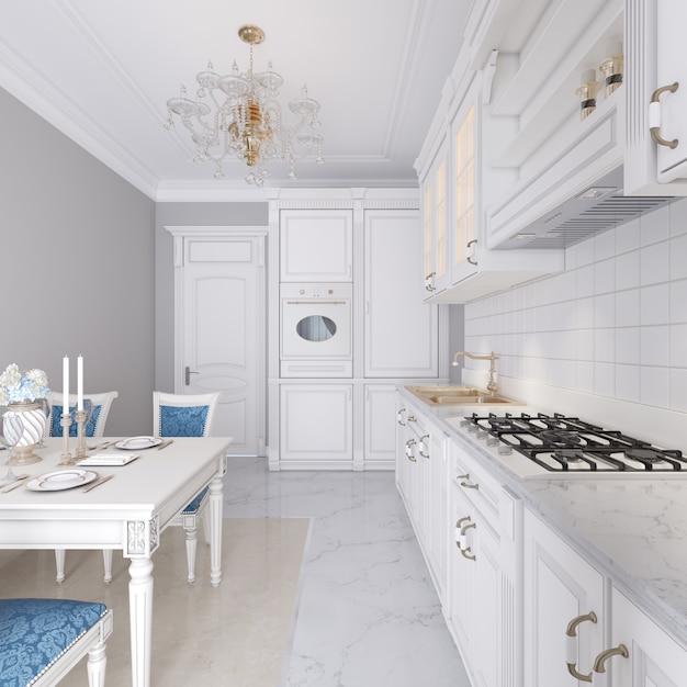 Cocina blanca con mesa de comedor de estilo clásico. El interior luminoso de la cocina. Representación 3D.