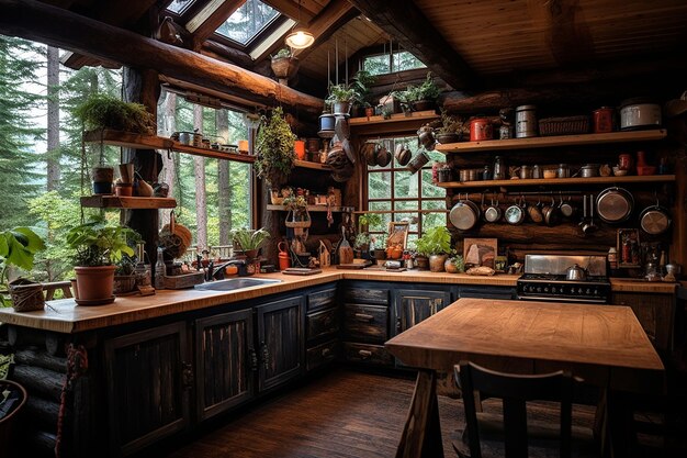 Cocina de cabaña rústica con gabinetes de madera