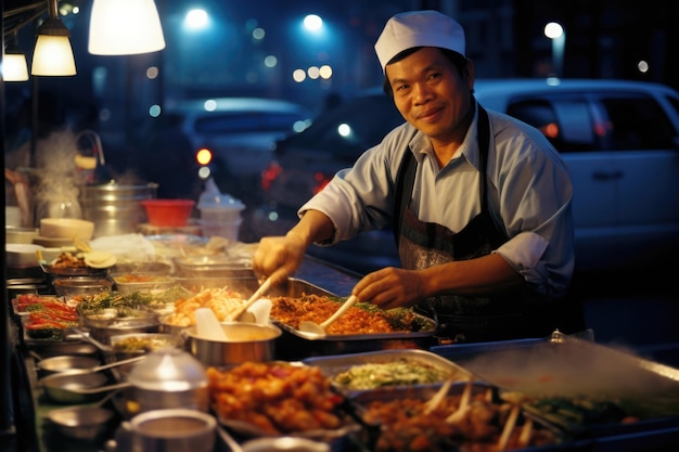 Cocina de la calle Asia persona viaje comida tailandesa cena cena cocinero asiático