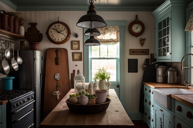 Cocina de casa de campo con encimeras rústicas de madera, utensilios de cocina antiguos e iluminación ecléctica