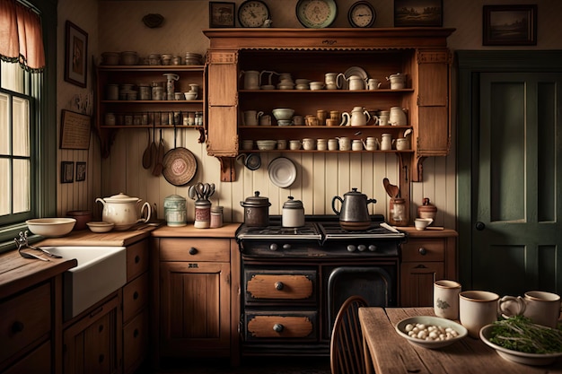 Cocina de casa de campo con gabinetes de madera y electrodomésticos antiguos rodeada de vajilla y utensilios de cocina