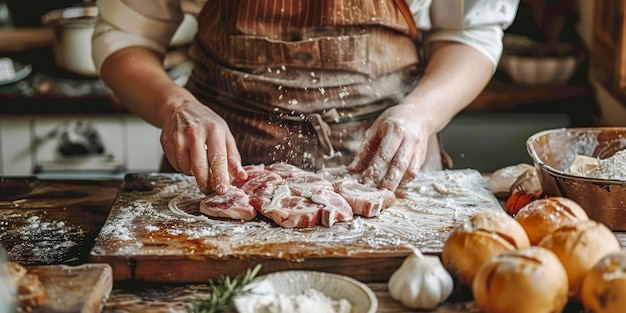 Cocina en casa Preparar carne cruda en un entorno de cocina rústica