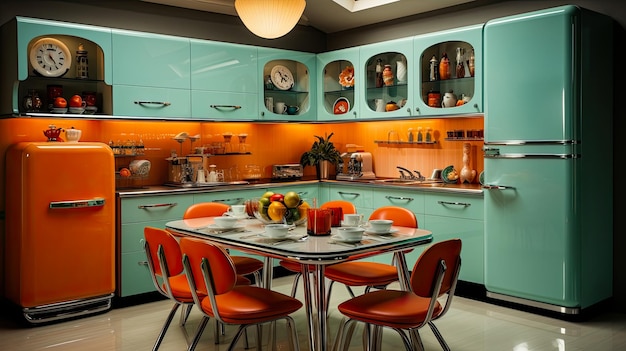 Cocina casera al estilo del diseño retro de los años 60 en el interior de una casa de campo.