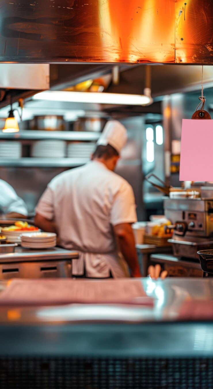 Una cocina con un chef y una línea de platos sucios