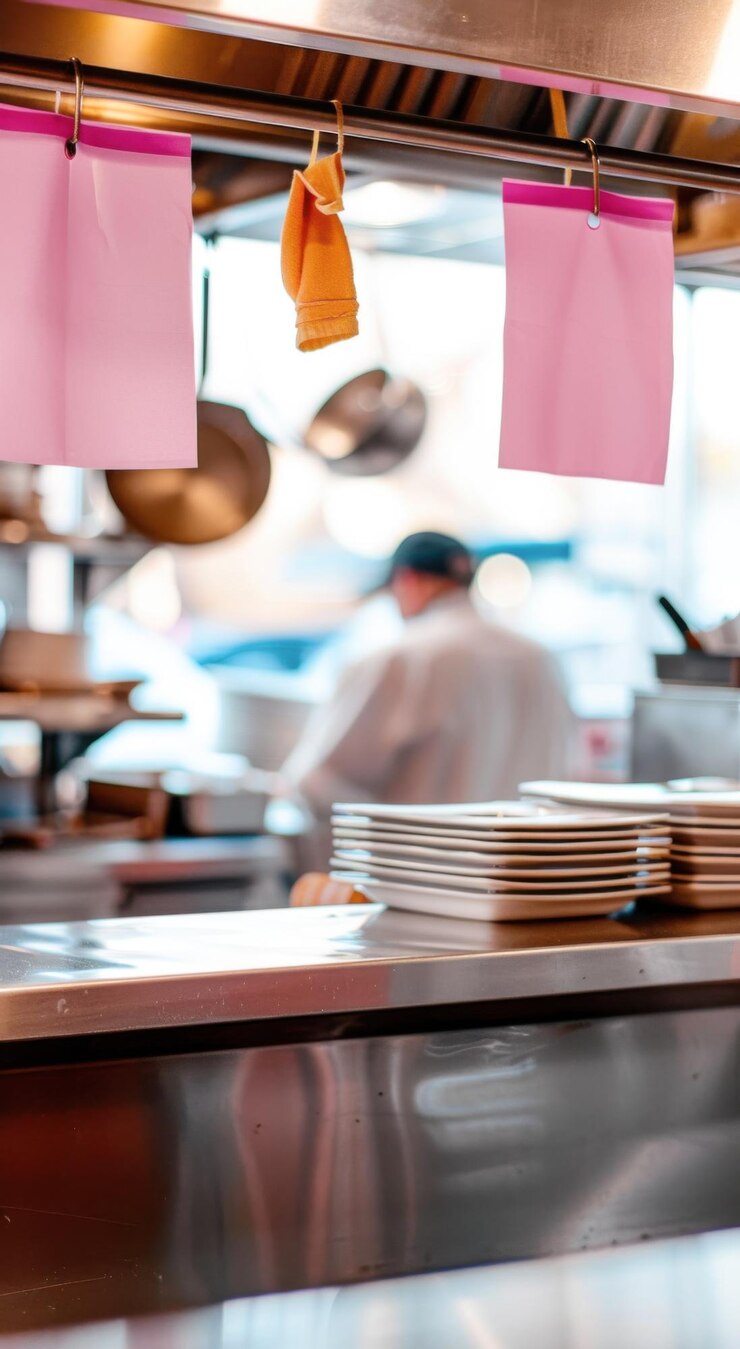 Una cocina con un chef y una línea de platos sucios