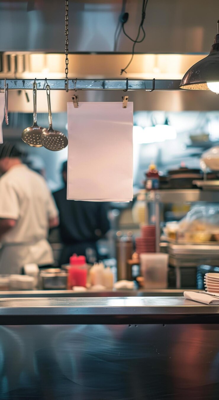 Una cocina con un chef y una línea de platos sucios