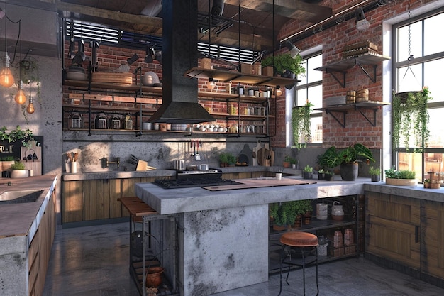 Cocina chic industrial con encimeras de hormigón