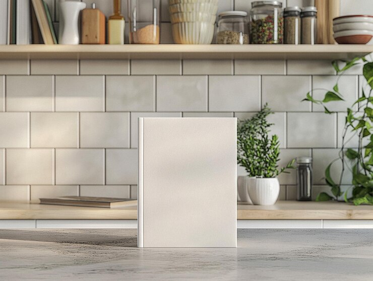 una cocina con una chimenea de azulejos blancos y una planta en el estante