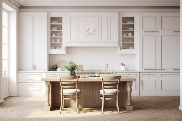 Cocina clásica escandinava con detalles de madera y blanco